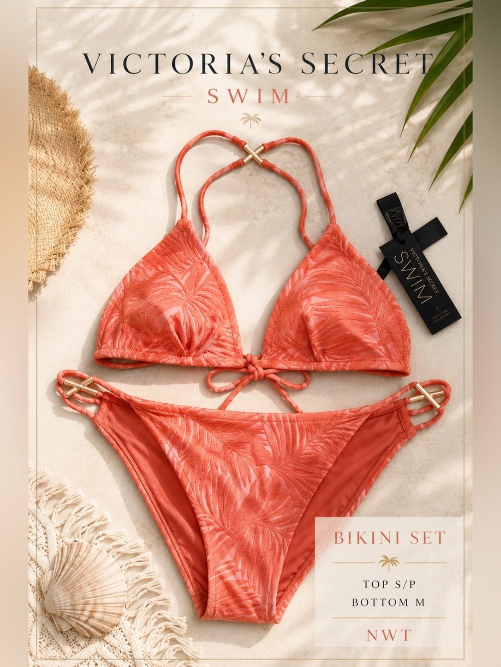 Victoria’s Secret Swim Jacquard Palm Bikini Set Coral Top S/P Bottom M NWT